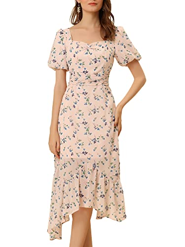 Allegra K Damen Blumen Kleid Süßer Herz Kragen Puffärmel Chiffon Midi Sommerkleider Minikleid Rosa XL von Allegra K