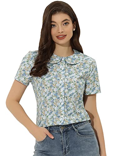 Allegra K Damen Blumen Knopfleiste Oberteil Retro Bubikragen Baumwolle Kurzarm Top Bluse Blau S von Allegra K