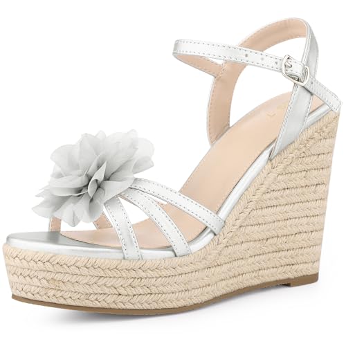 Allegra K Damen Blumen Plateau Espadrilles Keilabsatz Sandalen, silber, 40 EU von Allegra K