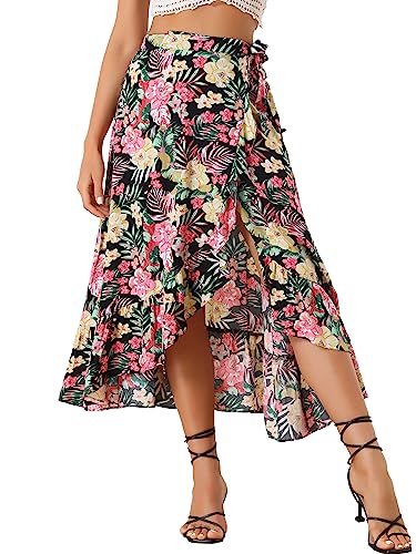 Allegra K Damen Blumen Rüschen Selbstgebundener Knoten Geteilter Strand Wickel Midirock Schwarz XL von Allegra K