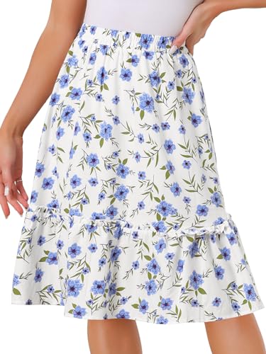 Allegra K Damen Blumen Rüschen Sommerrock Faltenrock A-Linie Hohe Taille Knielang Midirock Hell Blau S von Allegra K