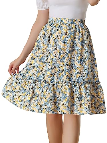 Allegra K Damen Blumen Rüschen Sommerrock Faltenrock A-Linie Hohe Taille Knielang Midirock Weiß Gelb XS von Allegra K