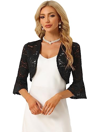 Allegra K Damen Blumen Spitze Bolero Glockenärmel Offen Crop Jacke Elegantes Shrug Schwarz M von Allegra K