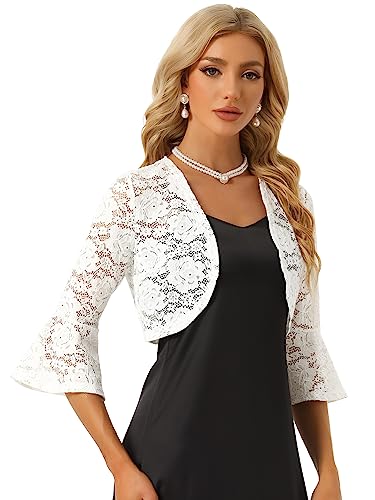 Allegra K Damen Blumen Spitze Bolero Glockenärmel Offen Crop Jacke Elegantes Shrug Weiß L von Allegra K