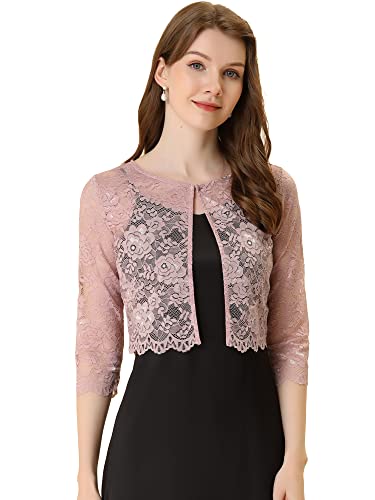 Allegra K Damen Bolero Festlich 3/4 Ärmel Durchsichtig Blumen Spitze Shrug Crop Cardigan Spitzebolero Grau Rosa XS von Allegra K