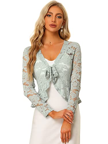 Allegra K Damen Spitzenbolero Langarm Bolero Durchsichtig Rüschensaum Crop Blumen Shrug Grau S von Allegra K