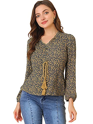 Allegra K Damen Blumen V-Ausschnitt Fransen Selbst Binden Knopf Dekor Langarm Boho Schößchen Top Blau-Blumig M von Allegra K