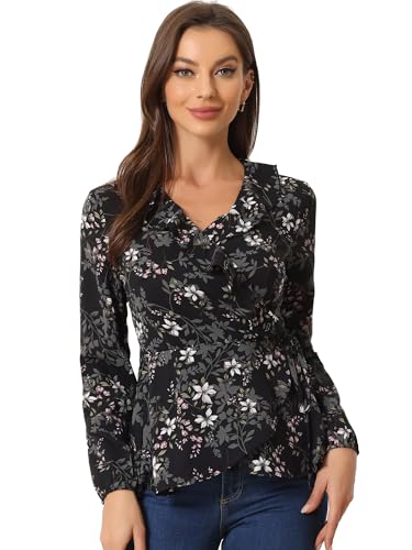 Allegra K Damen Blumen V-Ausschnitt Wickeltop Langarm Krawatte Taille Rüschen Schößchen Bluse, Schwarz-blumig, Large Allegra K Damen Blumen V-Ausschnitt Wickeltop Langarm Krawatte Taille Rüschen Schößchen Bluse, Schwarz-blumig, Large von Allegra K