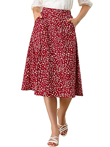 Allegra K Damen Blumendruck A-Linie Midi Rock Chiffon Sommer Vintage Röcke, Rot/Ausflug, einfarbig (Getaway Solids), Groß von Allegra K