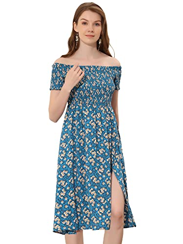 Allegra K Damen Blumendruck Schulterfrei Hoch Geschlitzt Langes Kleid Seeblau S Allegra K Damen Blumendruck Schulterfrei Hoch Geschlitzt Langes Kleid Seeblau S von Allegra K