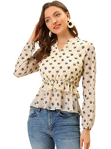 Allegra K Damen Langarm Blumendruck Rüschen Schlitz Chiffon Schößchen Top Bluse Gelb XS von Allegra K