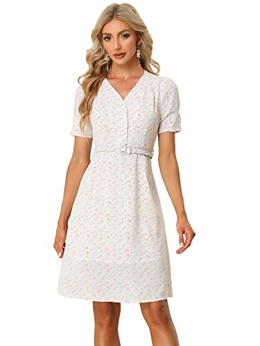 Allegra K Damen Blumenkleid Kurzarm V-Ausschnitt Gürtel Frühling Sommer Minikleid Kleid Weiß XL von Allegra K