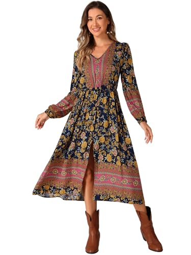 Allegra K Damen Blumenkleid Langarm V-Ausschnitt Elastische Taille Geteilte A-Linie Sommer Strand Midikleider Blau L von Allegra K