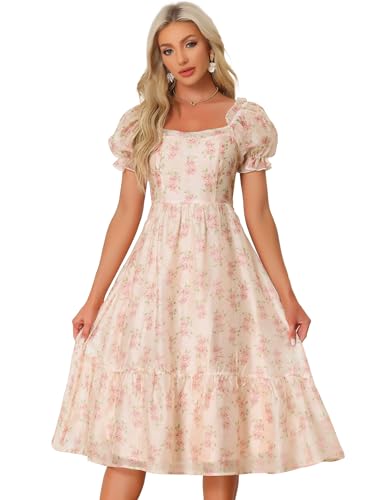 Allegra K Damen Blumen Organzakleid Quadratischem Ausschnitt Puffärmeln Kurzarm A-Linie Midikleider Aprikose S von Allegra K