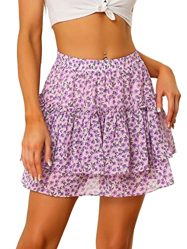 Allegra K Damen Blumenrock Sommer Hoher Taille A Linie Ruffle Layered Kurz Minirock Rock Hell Lila M von Allegra K