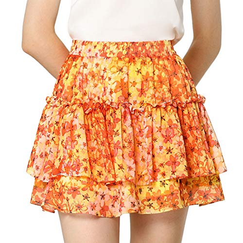 Allegra K Damen Blumenrock Sommer Hoher Taille A Linie Ruffle Layered Kurz Minirock Rock Orange S von Allegra K
