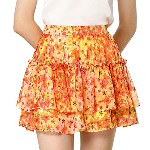 Allegra K Damen Blumenrock Sommer Hoher Taille A Linie Ruffle Layered Kurz Minirock Rock Orange XL von Allegra K