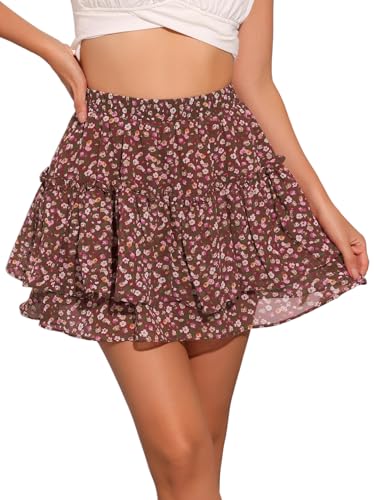Allegra K Damen Blumenrock Sommer Hoher Taille A Linie Ruffle Layered Kurz Minirock Rock Weinrot L von Allegra K