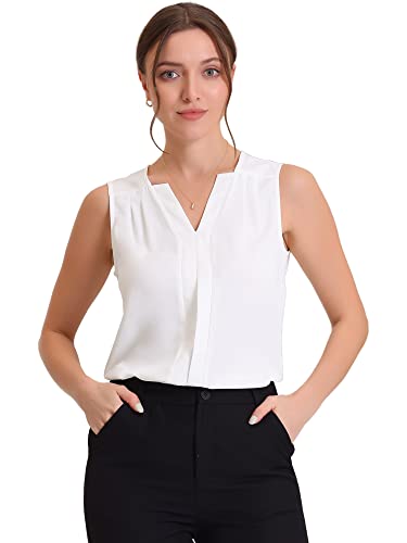 Allegra K Damen Bluse Ärmellos Chiffon V-Ausschnitt Tanktop Büro Arbeit Hemd Weiß L von Allegra K