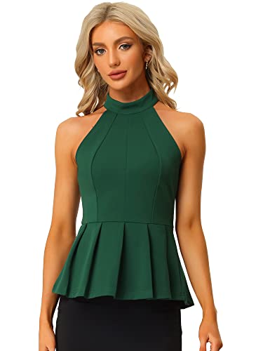 Allegra K Damen Bluse Ärmellos Neckholder Sommer Plissierte Schößchen Oberteil Dunkelgrün XL von Allegra K