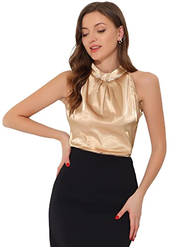 Allegra K Damen Bluse Ärmellos Stehkragen Elegant Sommer Neckholder Satin Oberteil Tank Top Champagner Gold S von Allegra K