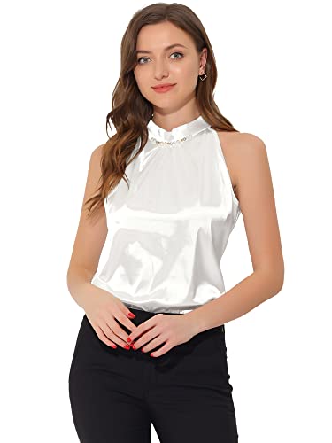 Allegra K Damen Bluse Ärmellos Stehkragen Elegant Sommer Neckholder Satin Oberteil Tank Top Weiß M von Allegra K