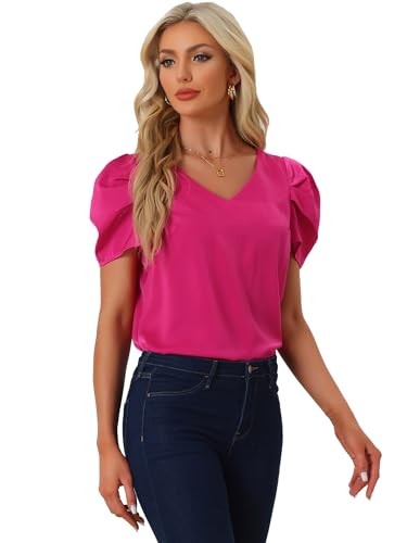 Allegra K Damen-Bluse Aus Satin, V-Ausschnitt, Kurze Puffärmel, Lässige Oberteile Pink XL von Allegra K