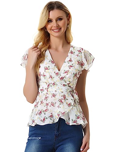 Allegra K Damen Bluse Blumenmuster V-Ausschnitt Taille Schößchen Wickel Oberteil Shirt Weiß S von Allegra K