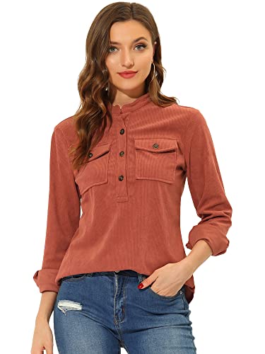 Allegra K Damen Bluse Cord Bluse Langarm Lässige V-Ausschnitt Hemd Knopfleiste Rot orange XS von Allegra K