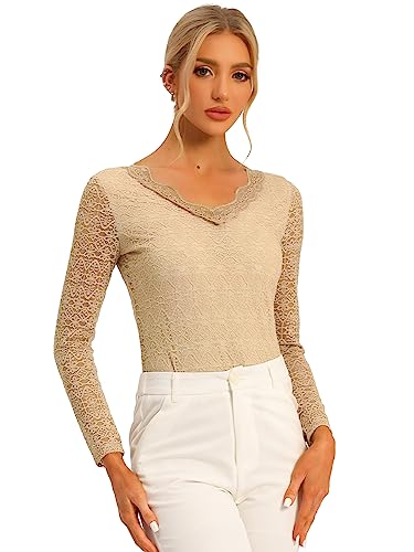 Allegra K Damen Langarm Durchsichtig Spitze Dirndl Trachtenbluse Oberteil Rüschenkragen Mesh Blumen Lace Top Bluse Kamel S von Allegra K