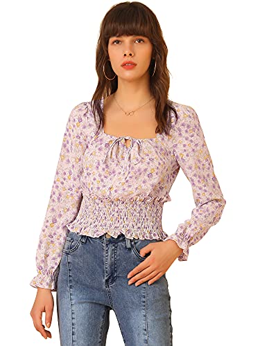 Allegra K Damen Bluse Gesmoktem Eckigem Ausschnitt Langen Ärmeln Aus Chiffon Blumenmuster Rosa XS von Allegra K