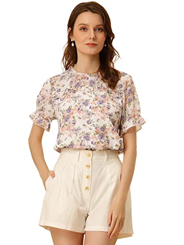 Allegra K Damen Bluse Kurzarm Blumenmuster Rundhals Chiffon Rüschen Oberteil Shirt Pink Lila M von Allegra K