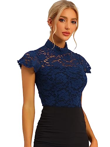 Allegra K Damen Kurzarm Trachtenbluse Stehkragen Mesh Durchsichtig Dirndl Elegant Spitze Oberteil Marine Blau M von Allegra K