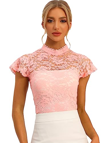 Allegra K Damen Kurzarm Dirndl Trachtenbluse Stehkragen Mesh Durchsichtig Elegant Spitze Oberteil Rosas L von Allegra K