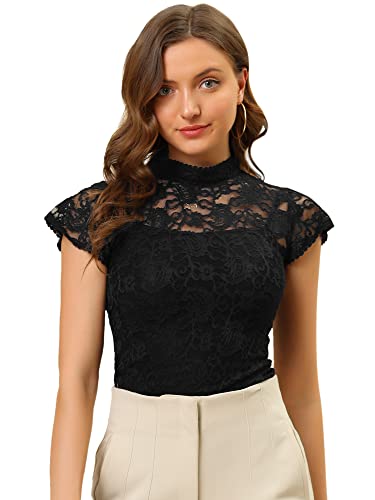 Allegra K Damen Kurzarm Dirndl Trachtenbluse Stehkragen Mesh Durchsichtig Elegant Spitze Oberteil Schwarz XS von Allegra K