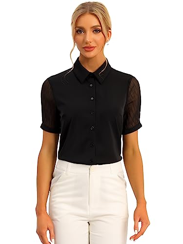 Allegra K Damen Bluse Kurzarm Spitzen Knopfleiste Hemd Transparent Arbeit Elegant Oberteile Schwarz XL von Allegra K