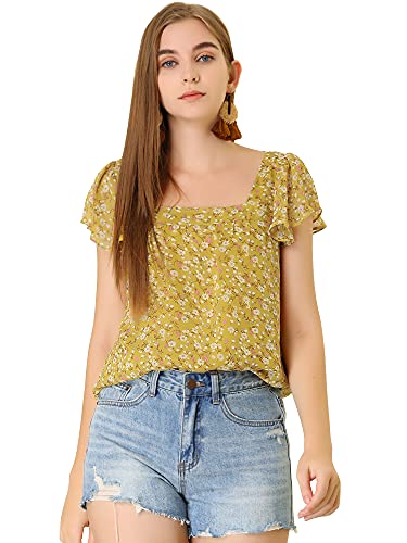 Allegra K Damen Bluse Kurzarm Square Neck Ruffle Chiffon Blumen Tops Gelb Weiß Rosa Blumen S von Allegra K