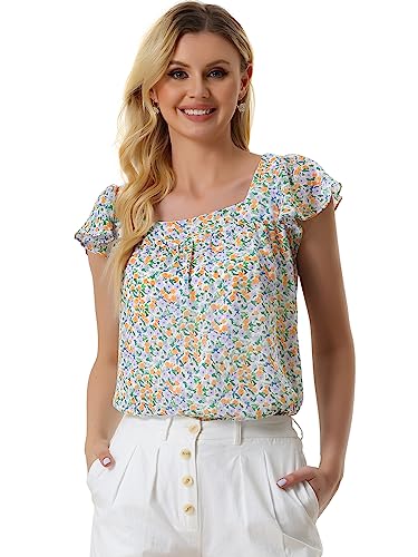 Allegra K Damen Bluse Kurzarm Square Neck Ruffle Chiffon Blumen Tops Weiß Orange XS Allegra K Damen Bluse Kurzarm Square Neck Ruffle Chiffon Blumen Tops Weiß Orange XS von Allegra K