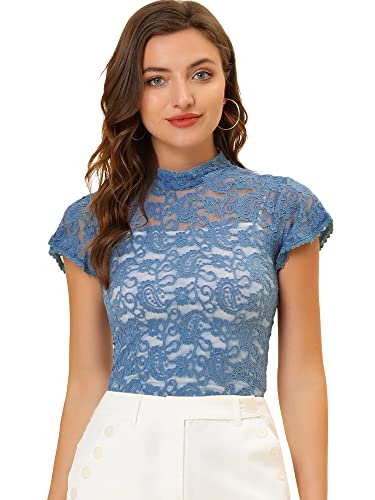 Allegra K Damen Kurzarm Trachtenbluse Stehkragen Mesh Durchsichtig Dirndl Elegant Spitze Oberteil Blau XS von Allegra K