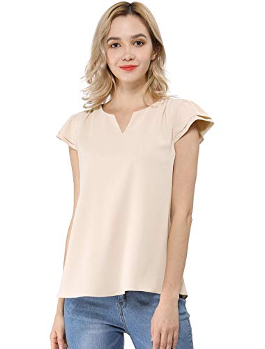 Allegra K Damen Bluse Kurzarm V-Ausschnitt T-Shirt Rüschen Einfarbig Elegant Top Oberteil Beige S von Allegra K