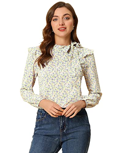 Allegra K Damen Bluse Langarm Blumen Schleife Shirt Krawatte Rüschen Oberteil Gelb Lila XS von Allegra K