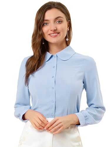 Allegra K Damen Büro Bluse Langarm Bubikragen Knopfleiste Business Arbeit Lang Oberteil Shirt Hellblau Lila 3XL von Allegra K