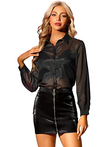 Allegra K Damen Bluse Langarm Mesh Tops Knopfleiste Durchsichtiges Elegant Oberteile Schwarz XL von Allegra K
