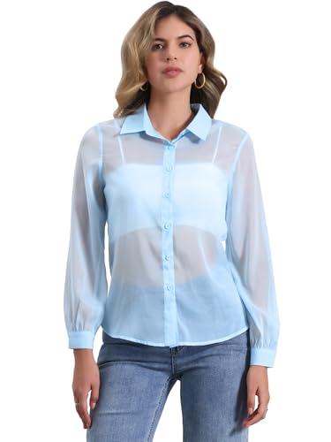 Allegra K Damen Bluse Langarm Mesh Tops Knopfleiste Durchsichtiges Elegant Oberteile Hell Blau XL von Allegra K