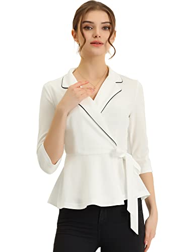 Allegra K Damen Bluse Langarm Reverskragen Schößchen Oberteile Schleife Top Bluse Weiß L von Allegra K