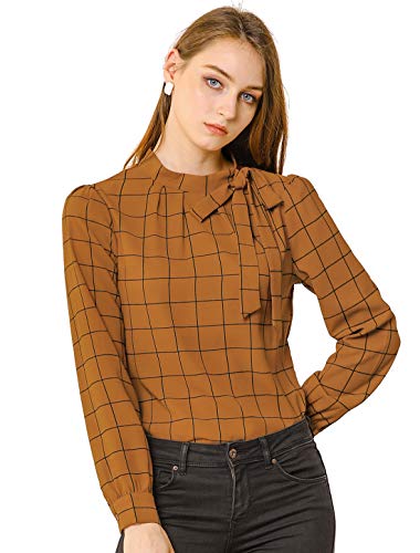 Allegra K Damen Bluse Langarm Rundhals Panel Fliege Kariert Oberteil Braun M von Allegra K