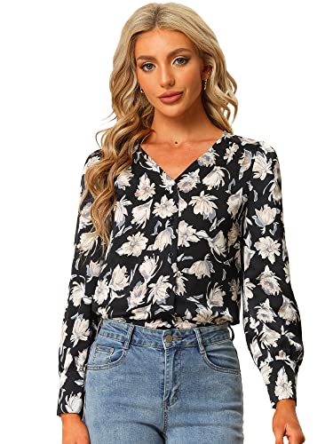 Allegra K Damen Bluse Langarm Satin Blumenmuster V-Ausschnitt Geknöpft Top Schwarz XS von Allegra K