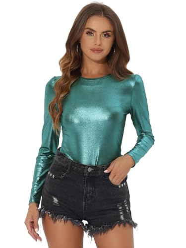 Allegra K Damen Bluse Metallic Langarm Party Rundhals Elegant Glitzer Club Oberteil Top Blau Glänzend M von Allegra K