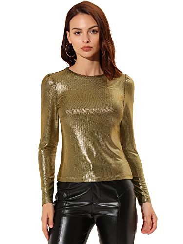 Allegra K Damen Bluse Metallic Langarm Party Rundhals Elegant Glitzer Club Oberteil Top Schwarzes Gold XS von Allegra K