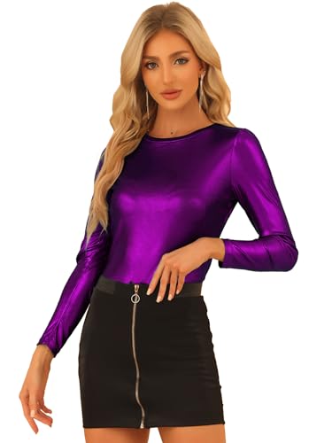 Allegra K Damen Bluse Metallic Langarm Party Rundhals Elegant Glitzer Club Oberteil Top Lila M von Allegra K